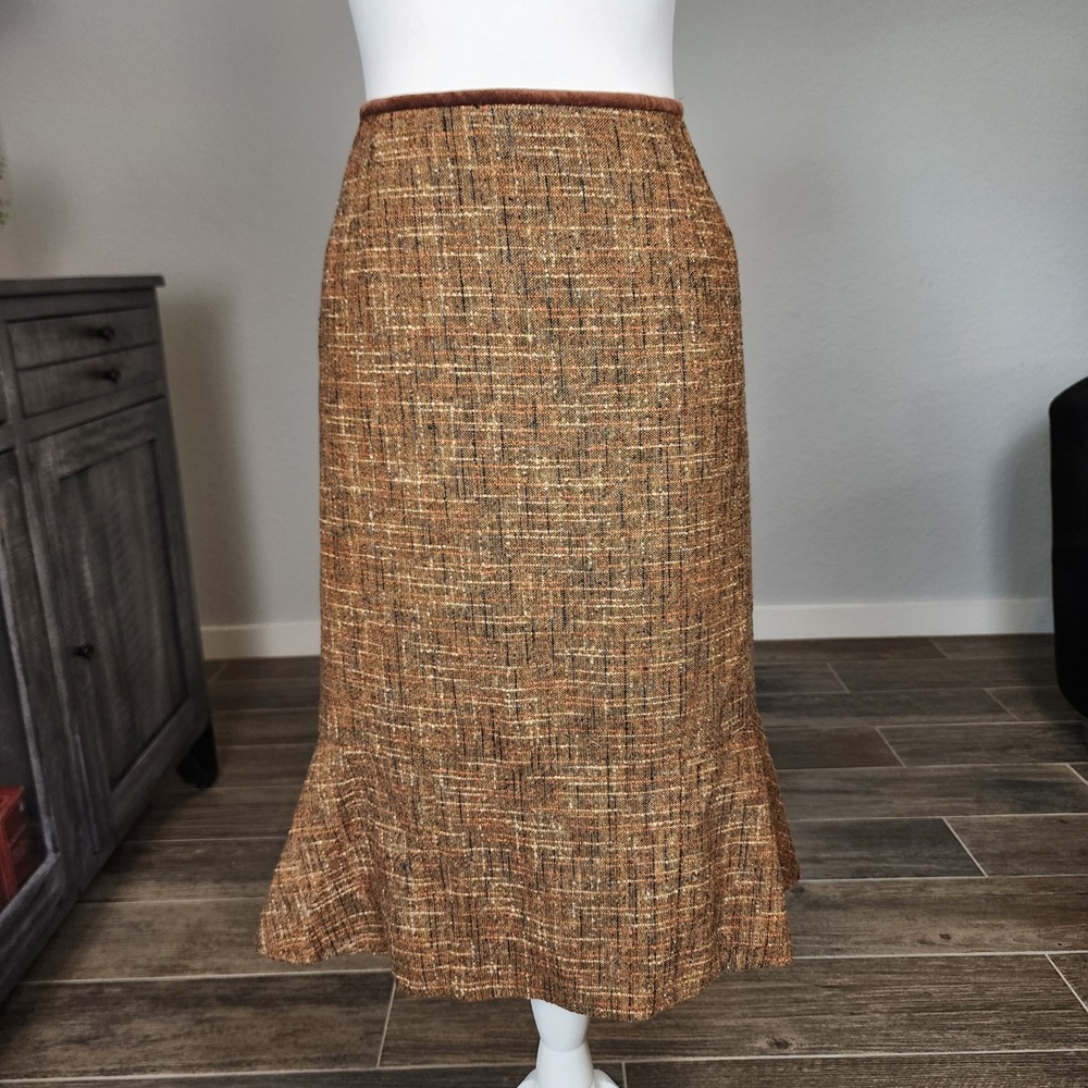 Le Suit 2pc Tweed Skirt Suit Set Women 14 Brown Rust Velvet Business Office Work - Picture 7 of 16